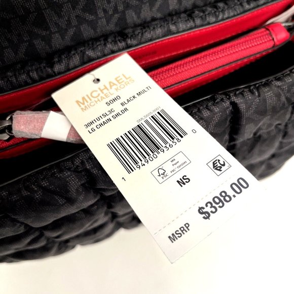 NWT Michael Kors SOHO Quilted Nylon Shoulder Bag Crossbody Black Red Trim $400 - Picture 12 of 13